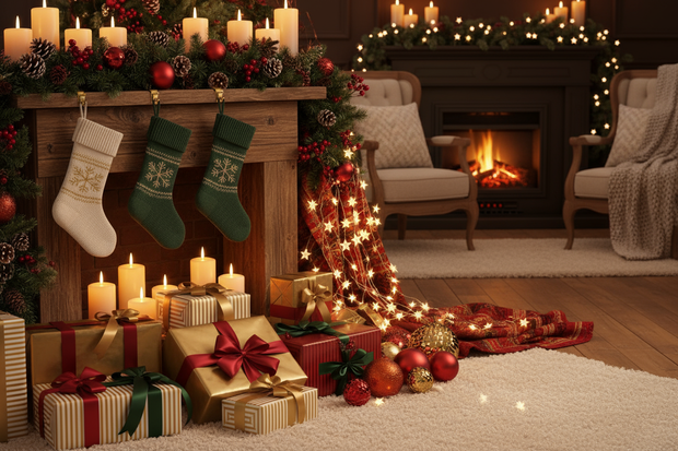 Ik wil een knusse, gezellige afbeelding met kerstartikelen